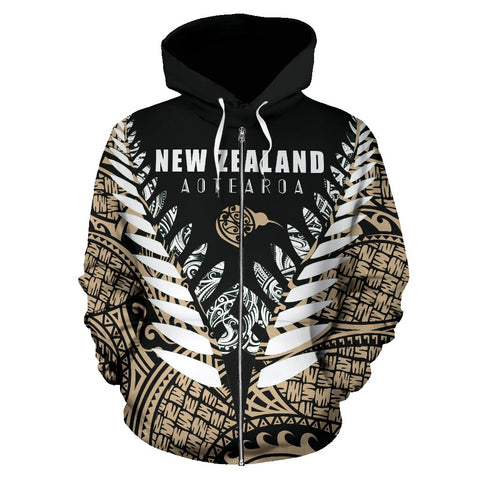 Image of New Zealand Aotearoa Silver Fern Zip Up Hoodie - Gold Vline Version front