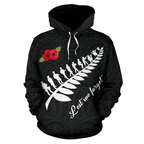 Image of Lest We Forget - Silver Fern New Zealand Hoodie black color - Front - by The Oceania Store for Men and Women