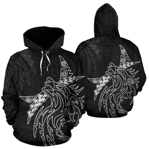 Image of New Zealand Maori Tattoo Wolf Hoodie - Black color - Front and Back - For Men and Women