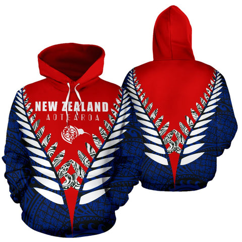Image of New Zealand Aotearoa Silver Fern Hoodie - Red Blue Vline Version front and back