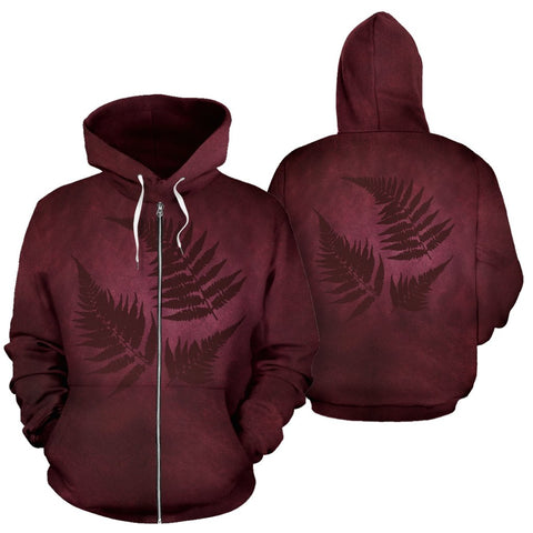 Image of Burgundy New Zealand Fern Zip Up Hoodie - hoodie front and back