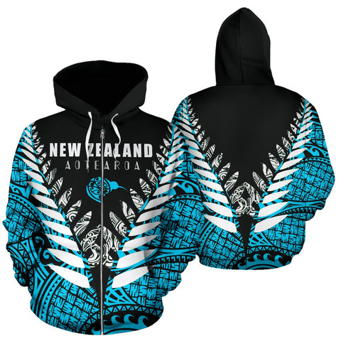 Image of New Zealand Aotearoa Silver Fern Zip Up Hoodie - Blue Vline Version front and back