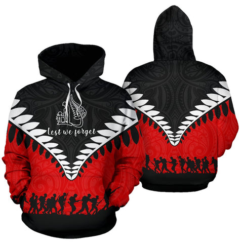 Image of New Zealand Let We Forget Hoodie Black Red front and back