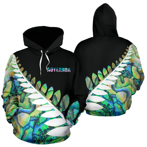 Image of Paua Shell Silver Fern Hoodie Black front and back