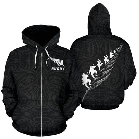 Image of Rugby Haka Fern Zip Up Hoodie Black 02 front and back