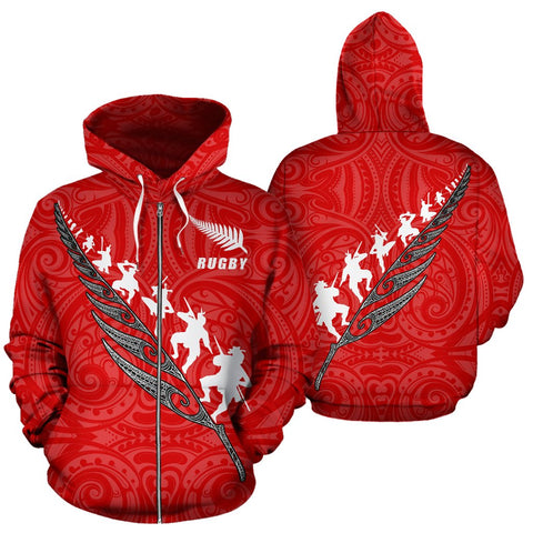 Image of Rugby Haka Fern Zip Up Hoodie Red front and back