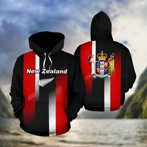 Image of New Zealand Hoodie with Sport Style - Front and Back - Hoodie Black mix Red and White - For Men and Women