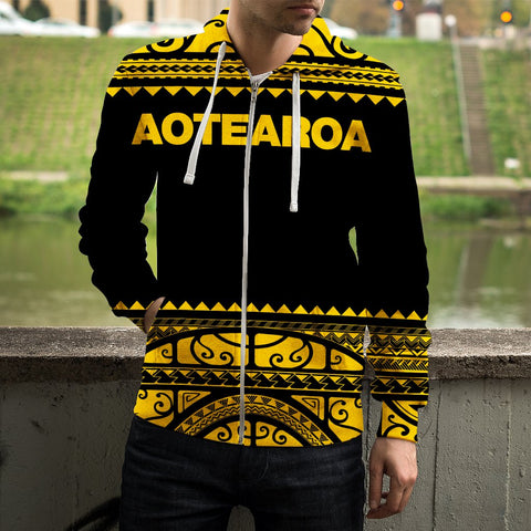Image of New Zealand Zip Up Hoodie with Yellow Maori Design
