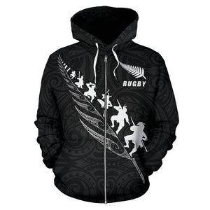 Rugby Haka Fern Zip Up Hoodie Black front | Rugby New Zealand Hoodie