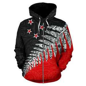 New Zealand Silver Fern Zip Up Hoodie Black Red