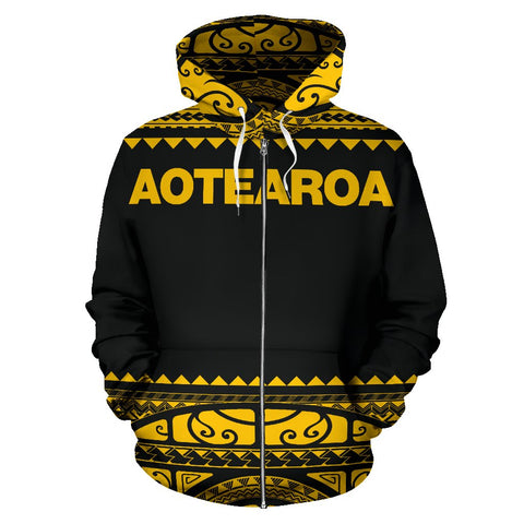 Image of New Zealand Zip Up Hoodie with Yellow Maori Design