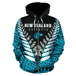 New Zealand Aotearoa Silver Fern Zip Up Hoodie - Blue Vline Version front