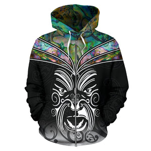 New Zealand Hoodie | Paua Shell with Maori Face Zip Up Style