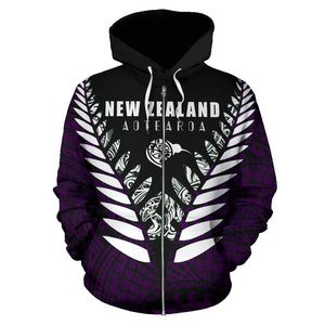 New Zealand Aotearoa Silver Fern Zip Up Hoodie - Purple Vline Version front