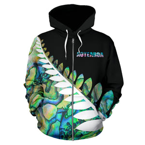 Paua Shell Silver Fern Zip Up Hoodie front