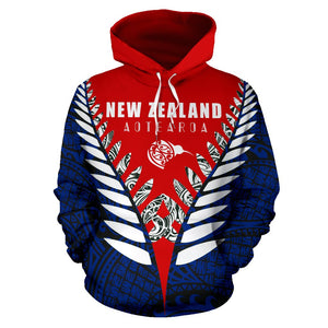 New Zealand Aotearoa Silver Fern Hoodie - Red Blue Vline Version front