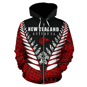 New Zealand Aotearoa Silver Fern Zip Up Hoodie - Red Vline Version front
