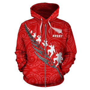 Rugby Haka Fern Zip Up Hoodie Red front
