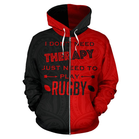 Image of Rugby Zip Up Hoodie - I Don't Need Therapy  - hoodie front - color black and red