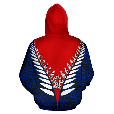 Image of New Zealand Aotearoa Silver Fern Zip Up Hoodie - Red Blue Vline Version back