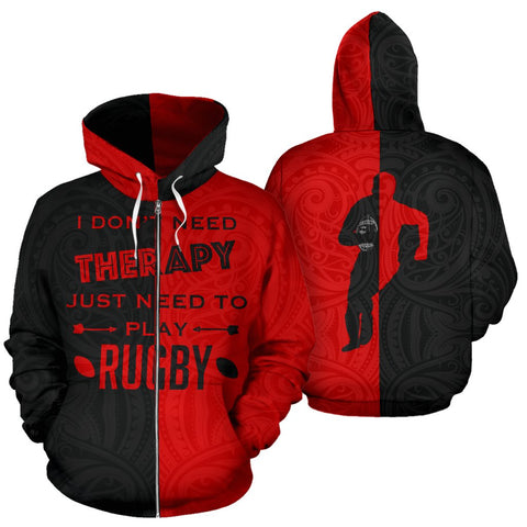 Image of Rugby Zip Up Hoodie - I Don't Need Therapy - hoodie front and back - color black and red