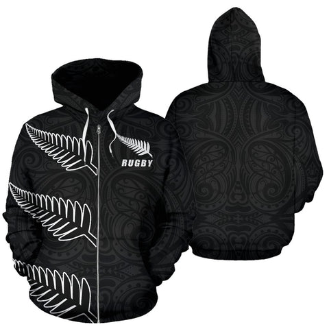 Image of Rugby Three Fern Zip Up Hoodie front and back | Rugby New Zealand Hoodie