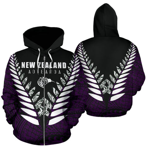 Image of New Zealand Aotearoa Silver Fern Zip Up Hoodie - Purple Vline Version front and back