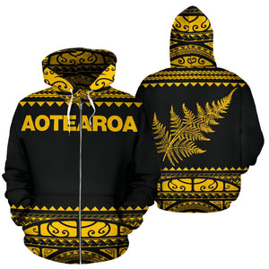 New Zealand Zip Up Hoodie with Yellow Maori Design