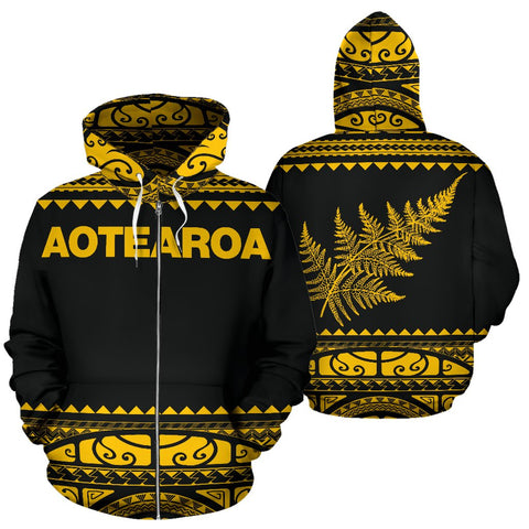 Image of New Zealand Zip Up Hoodie with Yellow Maori Design