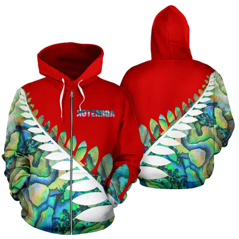 Image of Paua Shell Silver Fern Zip Up Hoodie Red front and back