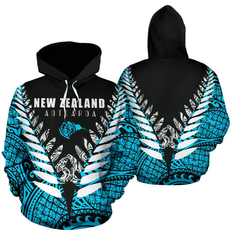 Image of New Zealand Aotearoa Silver Fern Hoodie - Blue Vline Version front and back