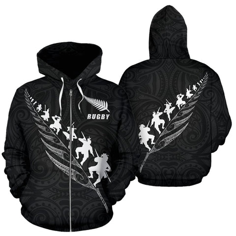 Image of Rugby Haka Fern Zip Up Hoodie Black front and back | Rugby New Zealand Hoodie