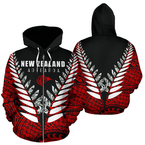 Image of New Zealand Aotearoa Silver Fern Zip Up Hoodie - Red Vline Version front and back