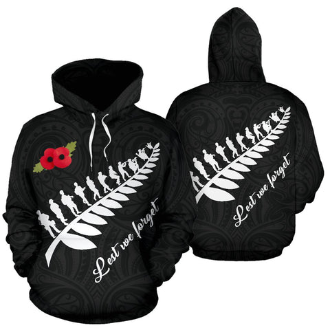 Image of Lest We Forget - Silver Fern New Zealand Hoodie black color - Front and Back - by The Oceania Store for Men and Women