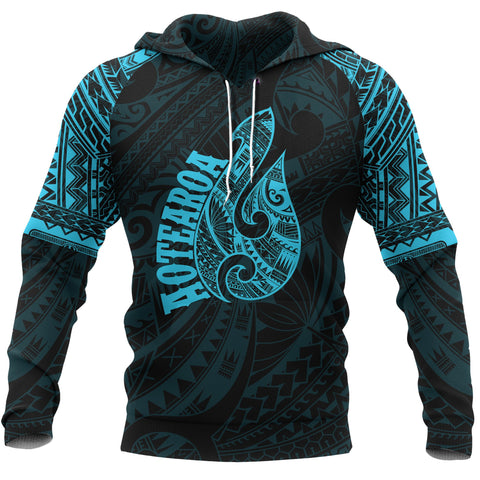 Image of Aotearoa Maori Tattoo Hei Matau All Over Hoodie Blue front