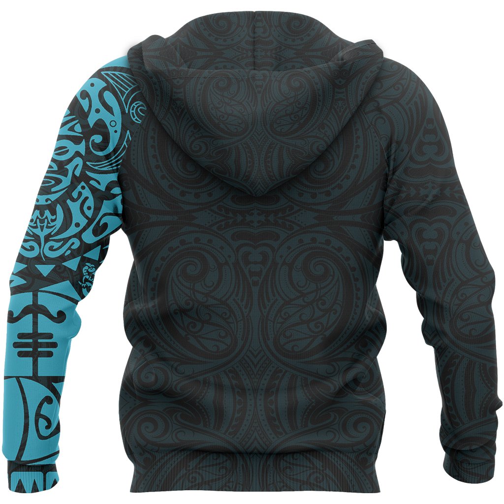 Maori Tangaroa Tattoo New Zealand All Over Hoodie - Black Mix Light Blue color - Back - For Men and Women