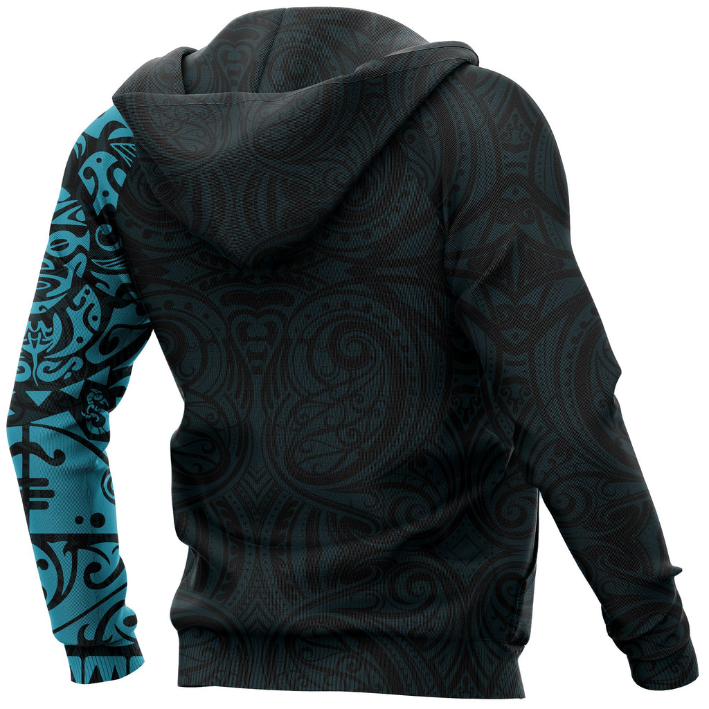Maori Tangaroa Tattoo New Zealand All Over Hoodie - Black Mix Light Blue color - Back - For Men and Women
