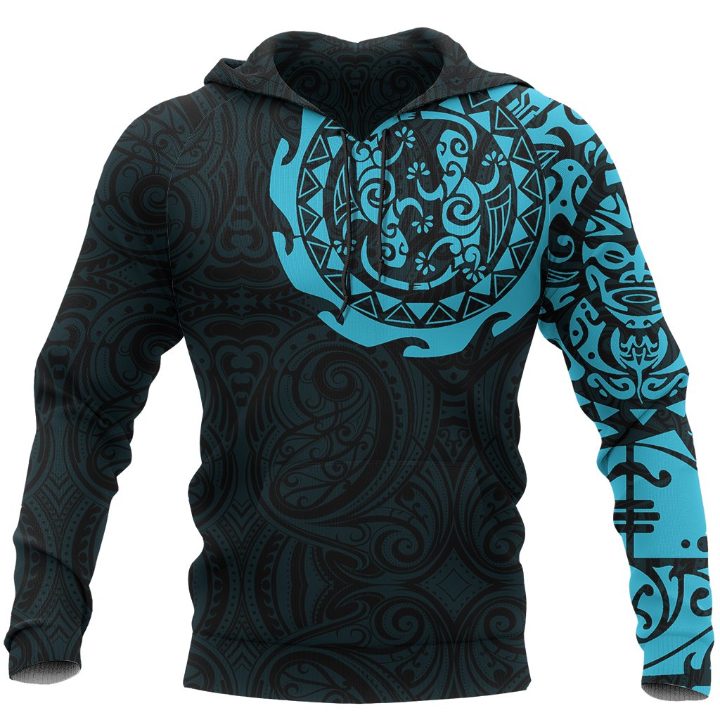 Maori Tangaroa Tattoo New Zealand All Over Hoodie - Black Mix Light Blue color - Front - For Men and Women