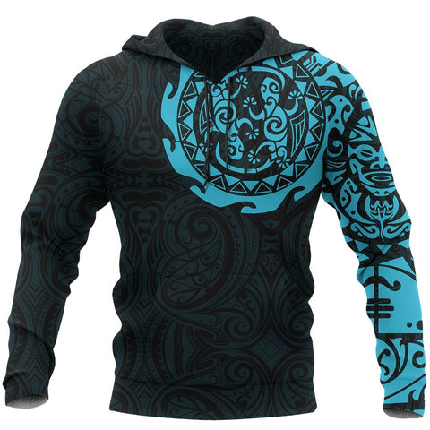 Image of Maori Tangaroa Tattoo New Zealand All Over Hoodie - Black Mix Light Blue color - Front - For Men and Women