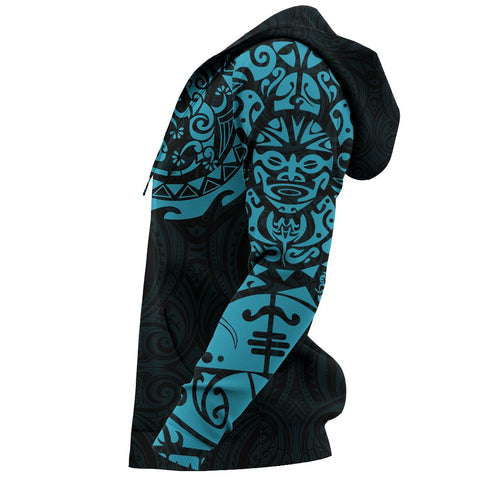 Image of Maori Tangaroa Tattoo New Zealand All Over Hoodie - Black Mix Light Blue color - Sleeves - For Men and Women