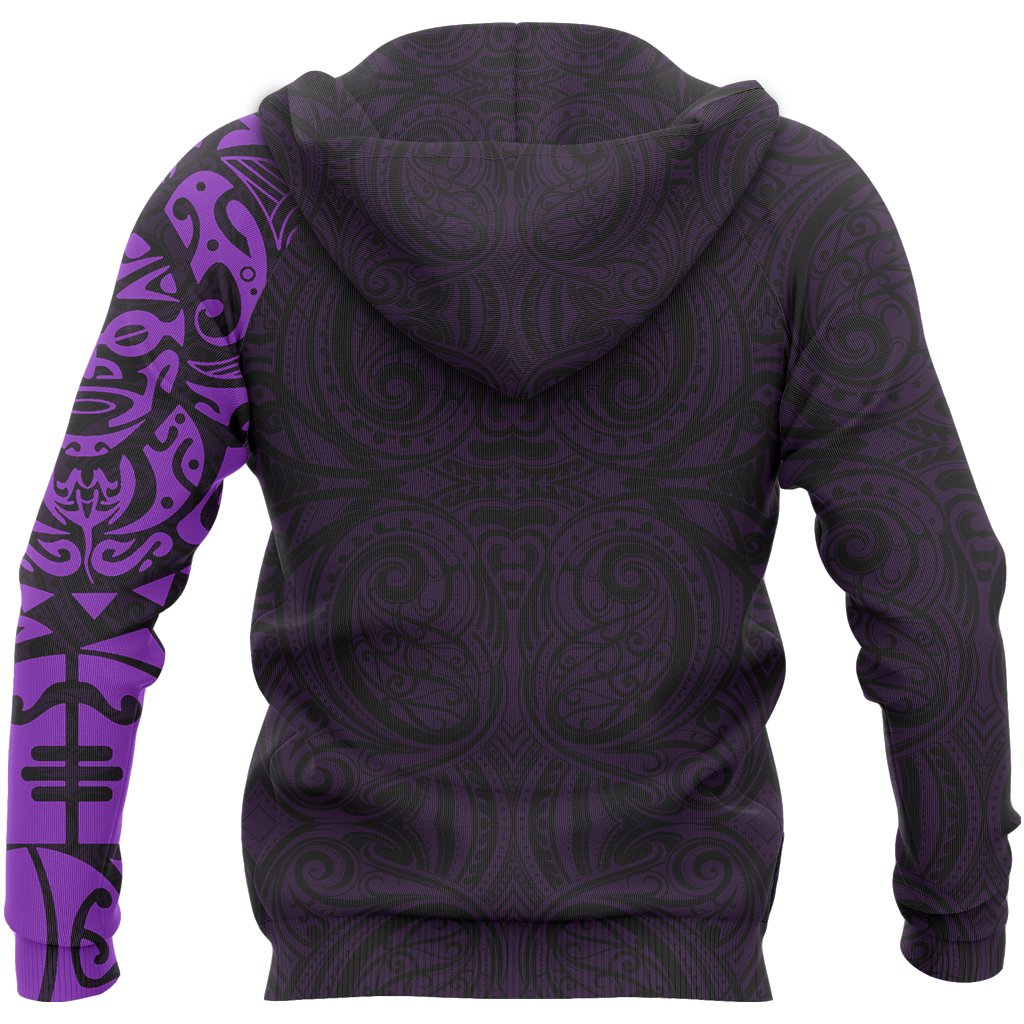 Maori Tangaroa Tattoo New Zealand All Over Hoodie - Black Mix Purple color - Back - For Men and Women