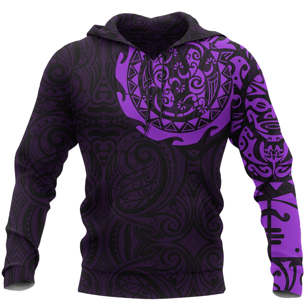 Maori Tangaroa Tattoo New Zealand All Over Hoodie - Black Mix Purple color - Front - For Men and Women