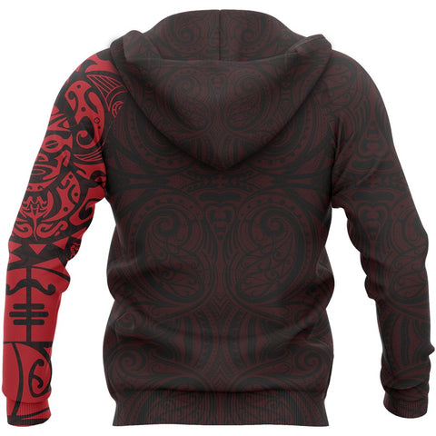 Image of Maori Tangaroa Tattoo New Zealand All Over Hoodie - Black Mix Red color - Back - For Men and Women