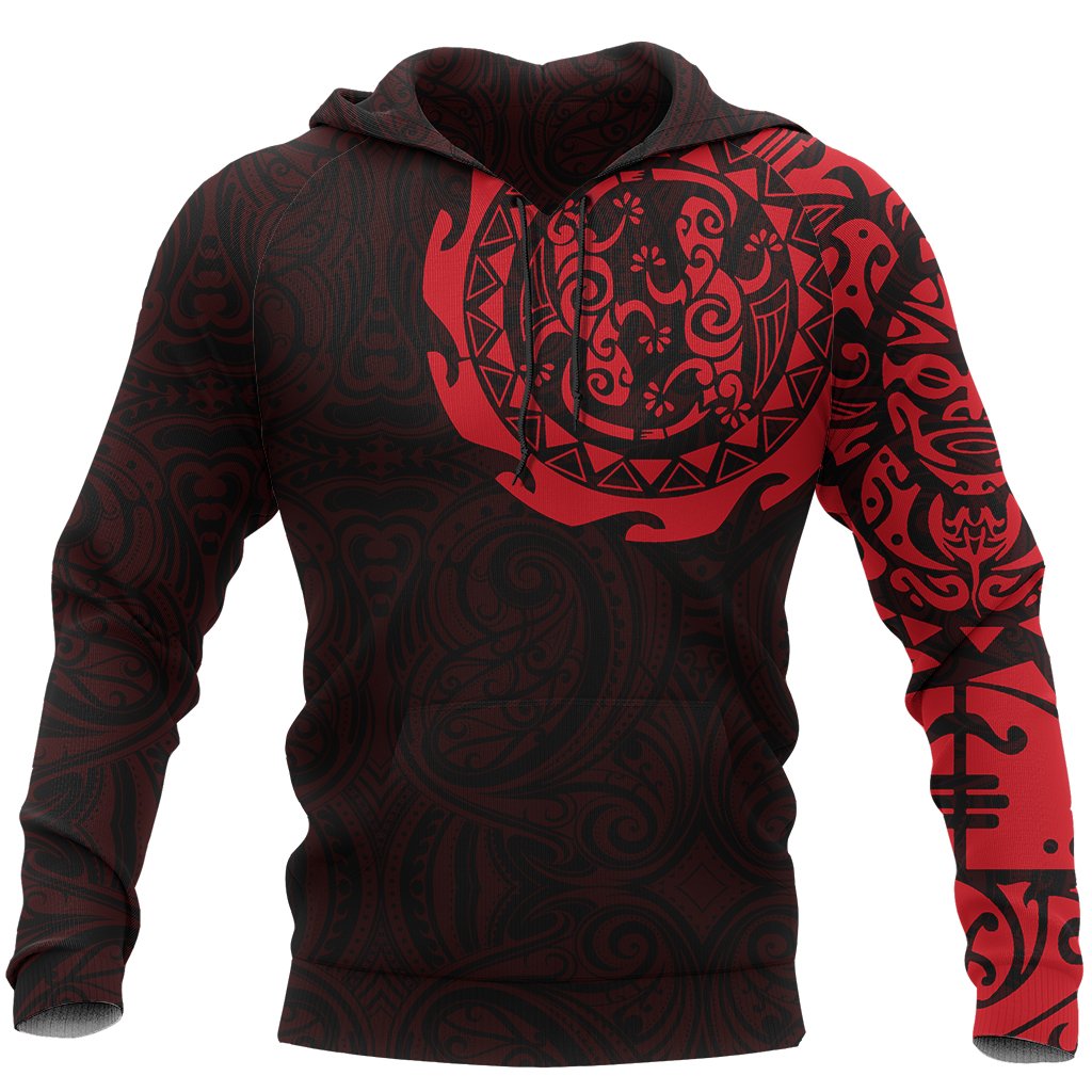 Maori Tangaroa Tattoo New Zealand All Over Hoodie - Black Mix Red color - Front - For Men and Women