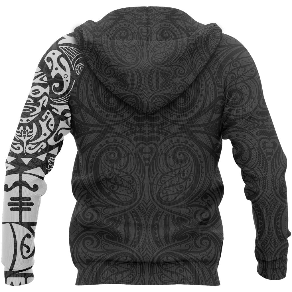 Maori Tangaroa Tattoo New Zealand All Over Hoodie - Black Mix White color - Back - For Men and Women