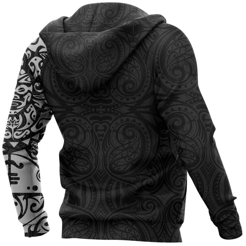 Image of Maori Tangaroa Tattoo New Zealand All Over Hoodie - Black Mix White color - Back - For Men and Women