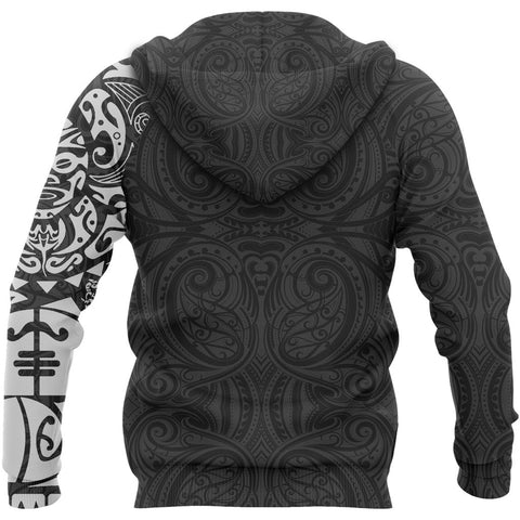 Image of Maori Tangaroa Tattoo New Zealand All Over Hoodie - Black Mix White color - Back - For Men and Women