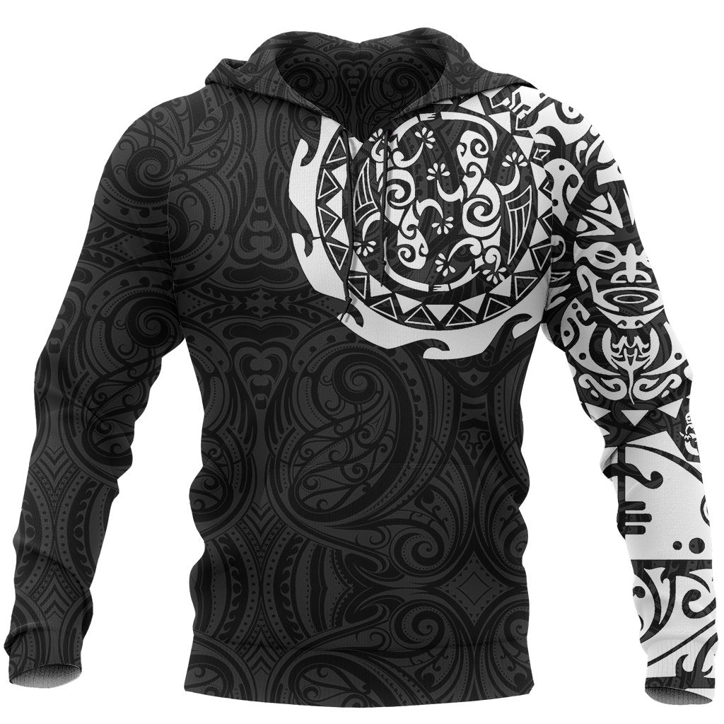 Maori Tangaroa Tattoo New Zealand All Over Hoodie - Black Mix White color - Front - For Men and Women