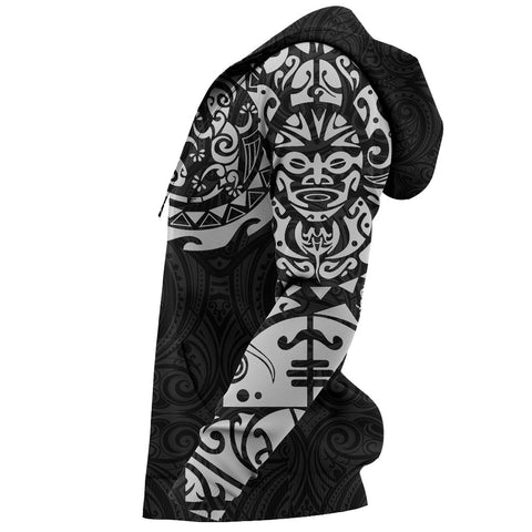 Image of Maori Tangaroa Tattoo New Zealand All Over Hoodie - Black Mix White color - Sleeves - For Men and Women