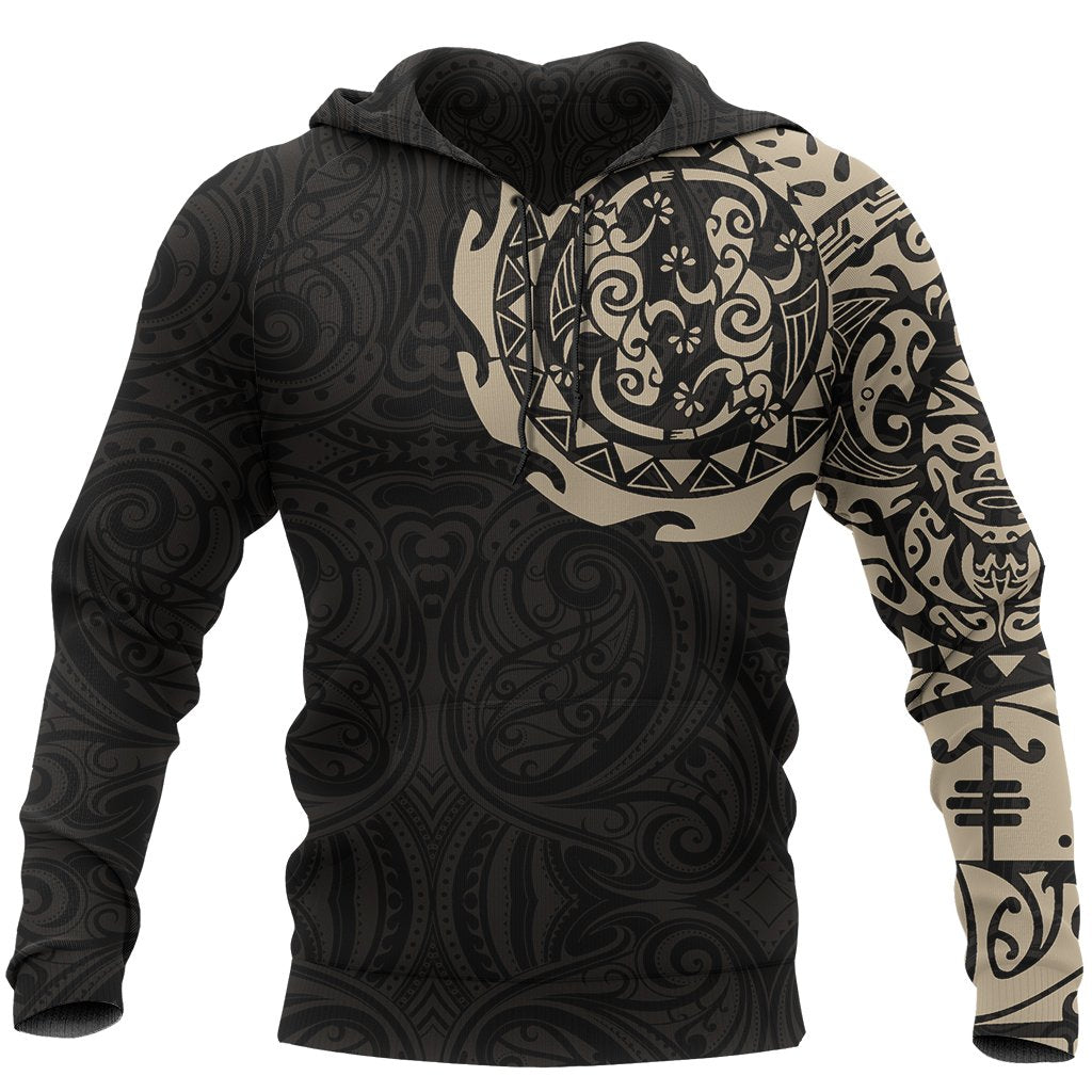 Maori Tangaroa Tattoo New Zealand All Over Hoodie - Black Mix Golden color - Front - For Men and Women